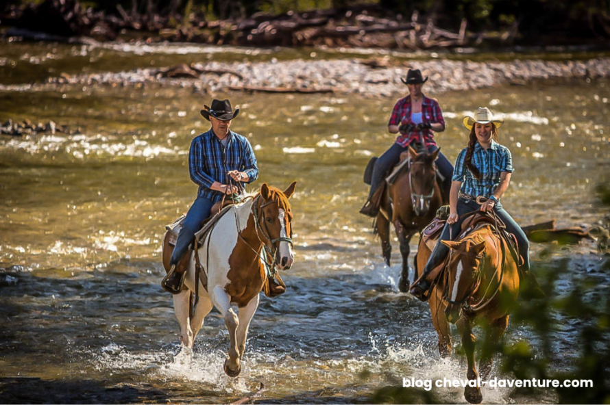 Cavaliers et chevaux partant d'un ranch d'hôtes au Canada
